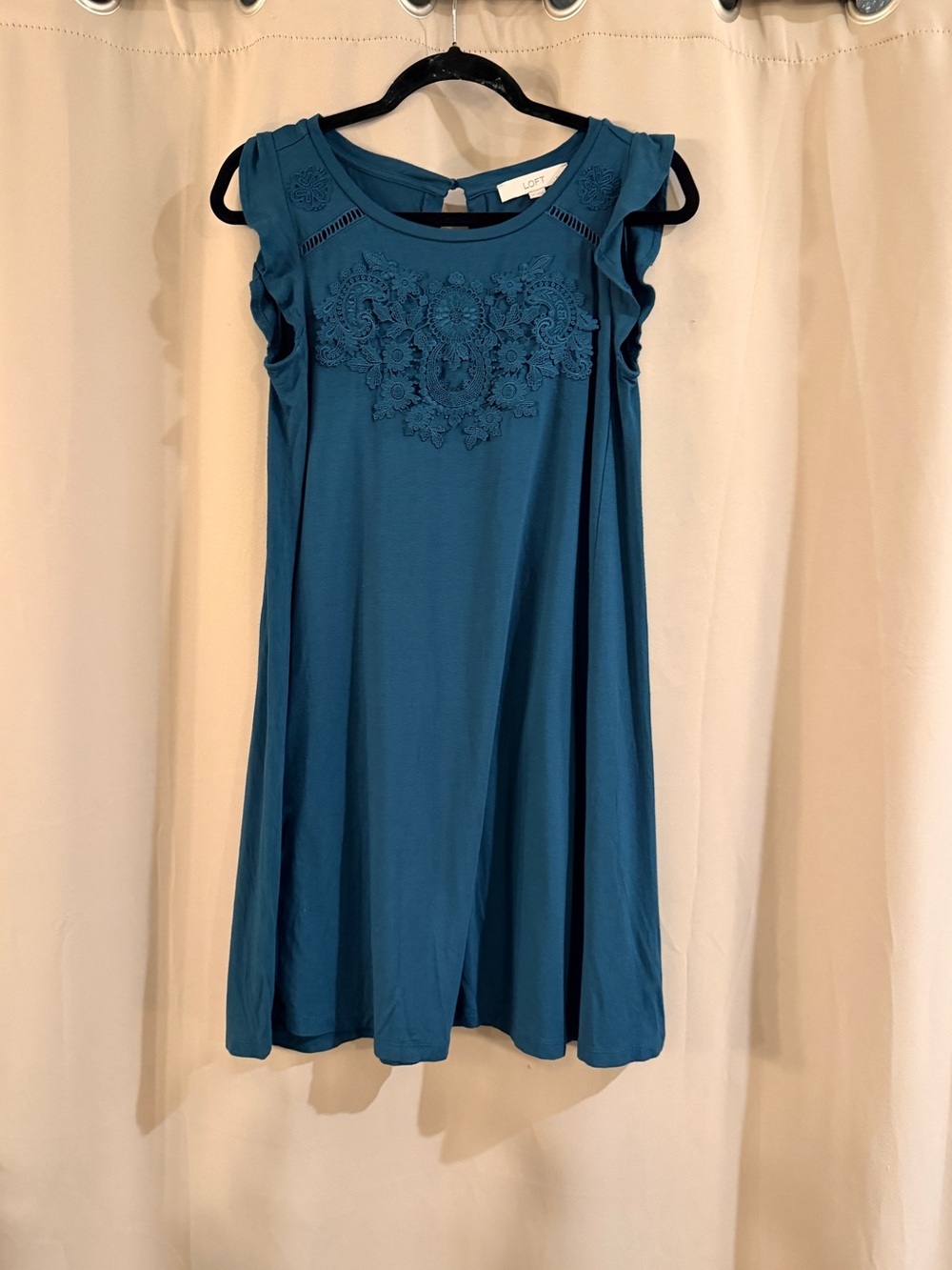 Loft Petite Teal Blue Embroidered Swing Dress